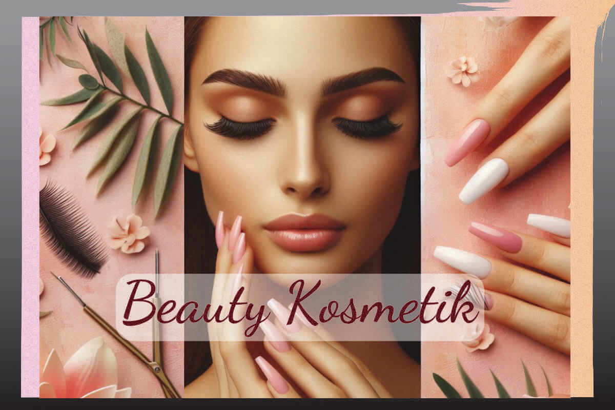 Stilvolle Frau im Beauty-Salon mit makelloser Haut, neben einer Hand mit kunstvollen Beauty-Fingernägeln.