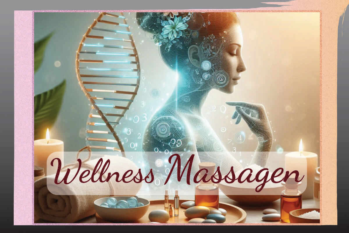 Wellness-Massage-Setting mit DNA-Struktur, Kerzen und Spa-Elementen, symbolisiert Tiefenentspannung und Harmonie